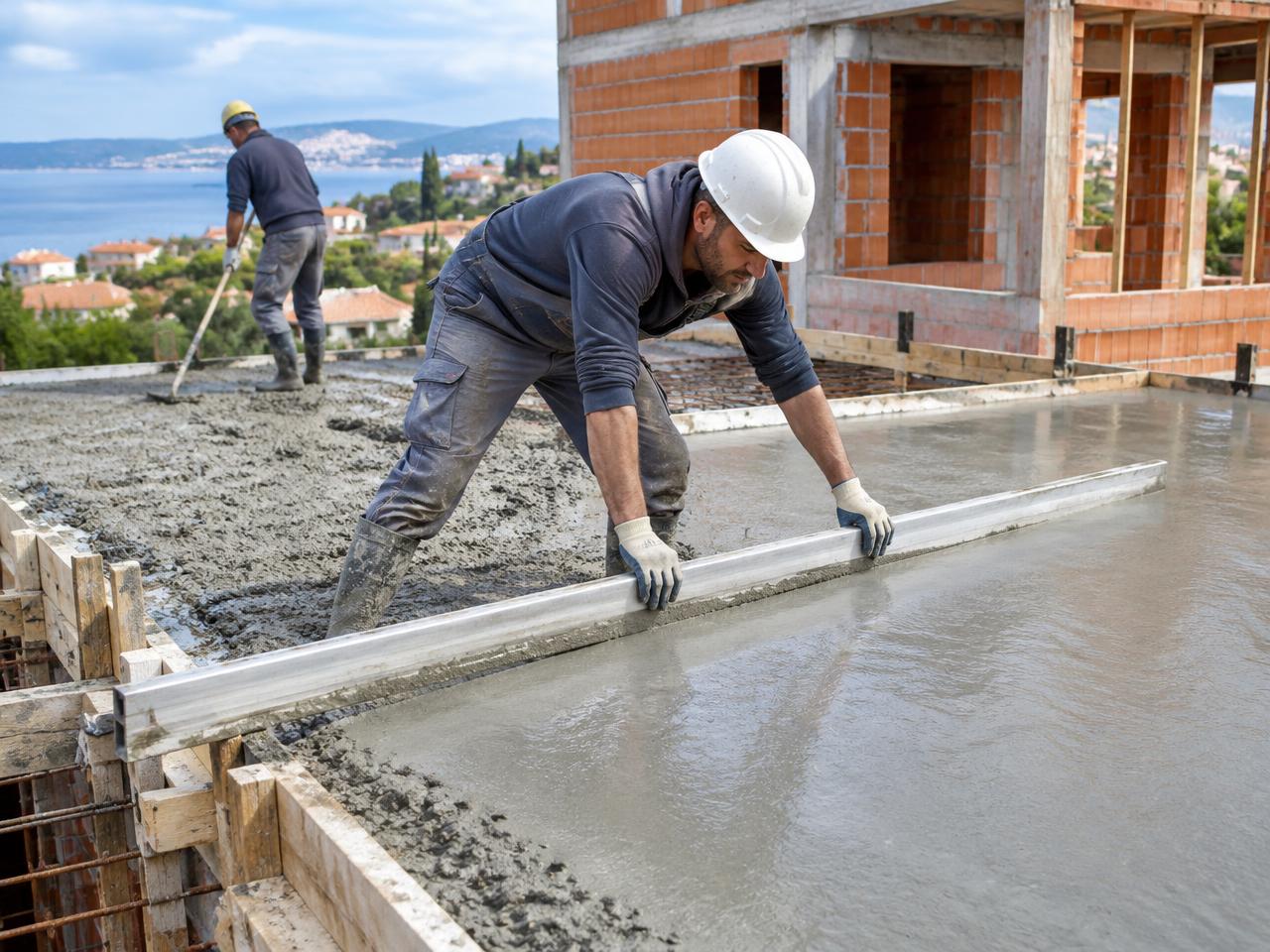 Radnik poravnava svježu betonsku ploču